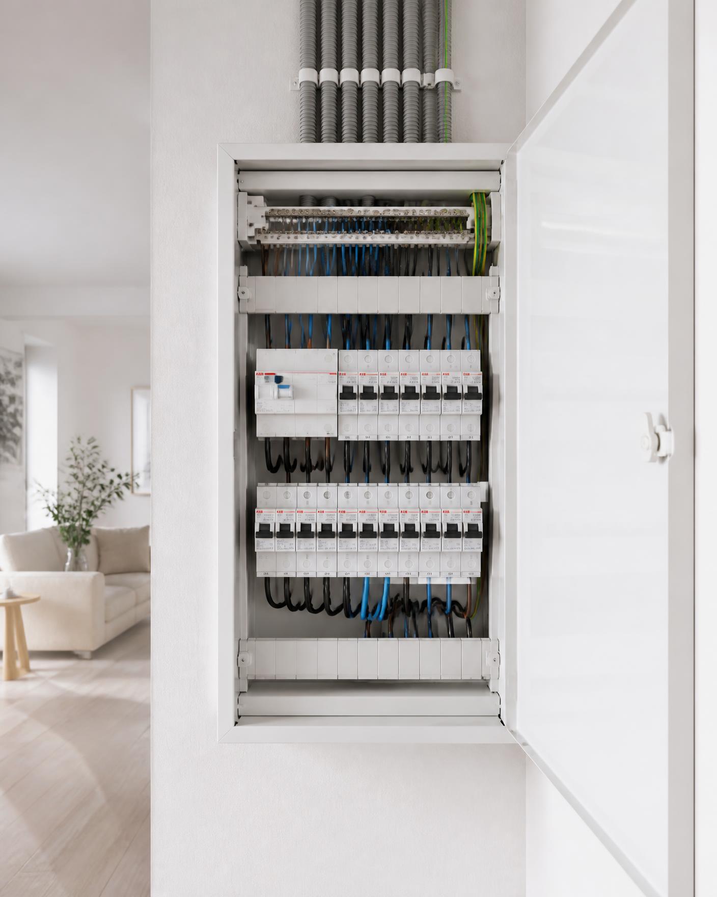 Nieuwe groepenkast met netjes bedrade installatieautomaten